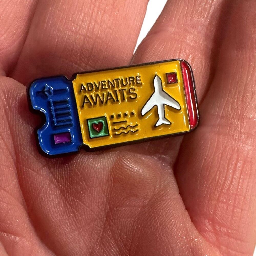 LET THE HAPPINESS BEGIN “Adventure Awaits” Airplane Ticket Enamel Pin